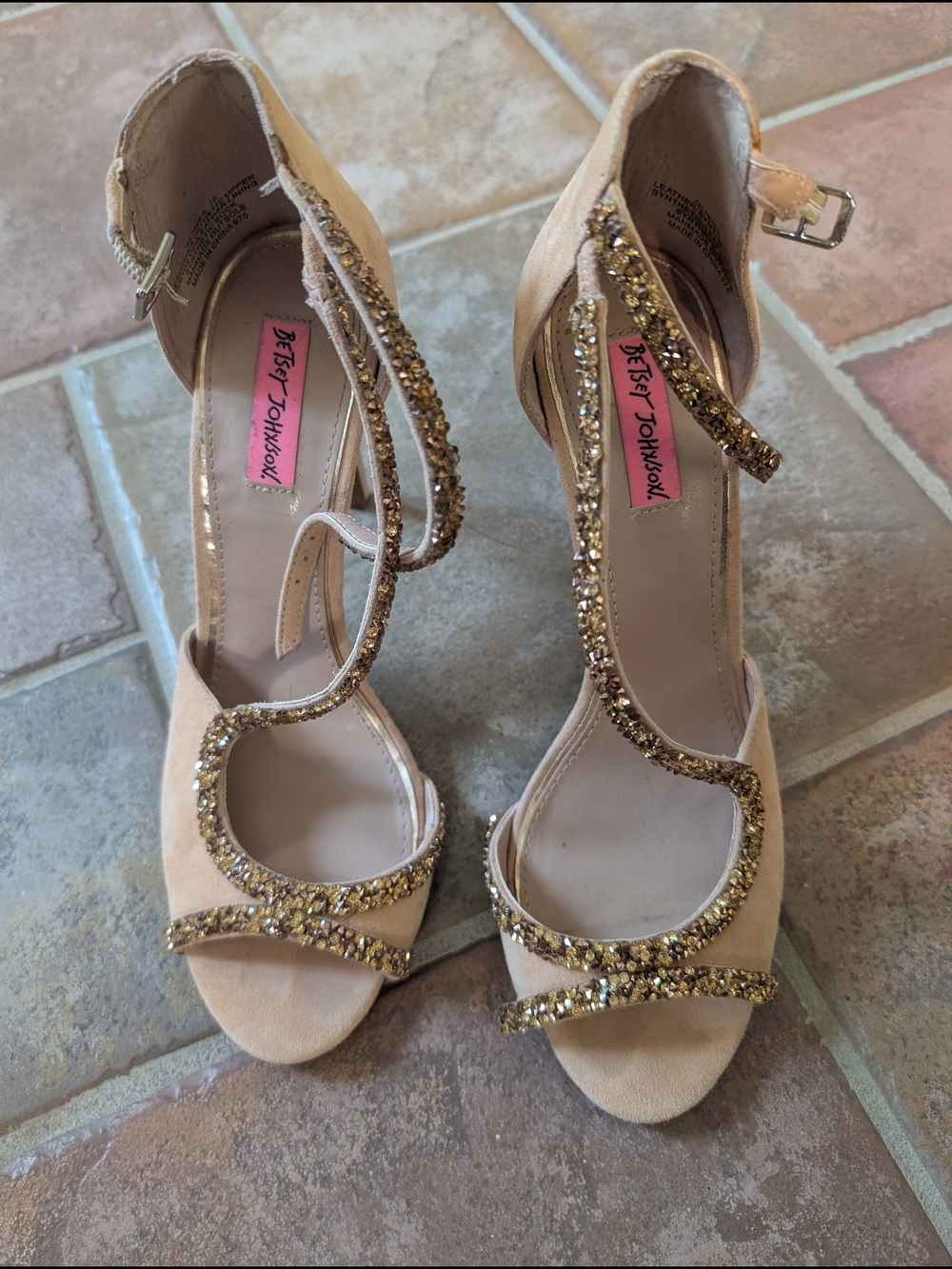 Betsey Johnson Beige Suede Crystal-Strap Heels